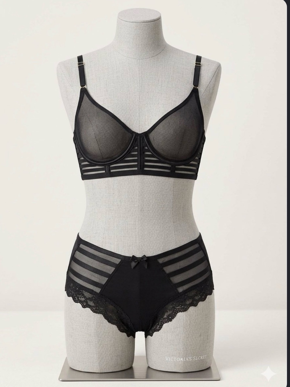 Victoria's Secret Black Sheer Longline Underwire Bra & Lace High-Waist Brief Set
